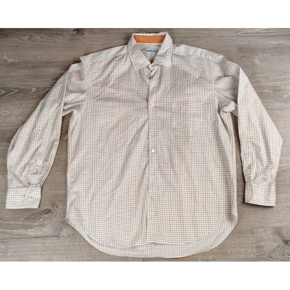 J McLaughlin Shirt Men XL White Blue‎ Green Orange Tattersall Plaid Check Button